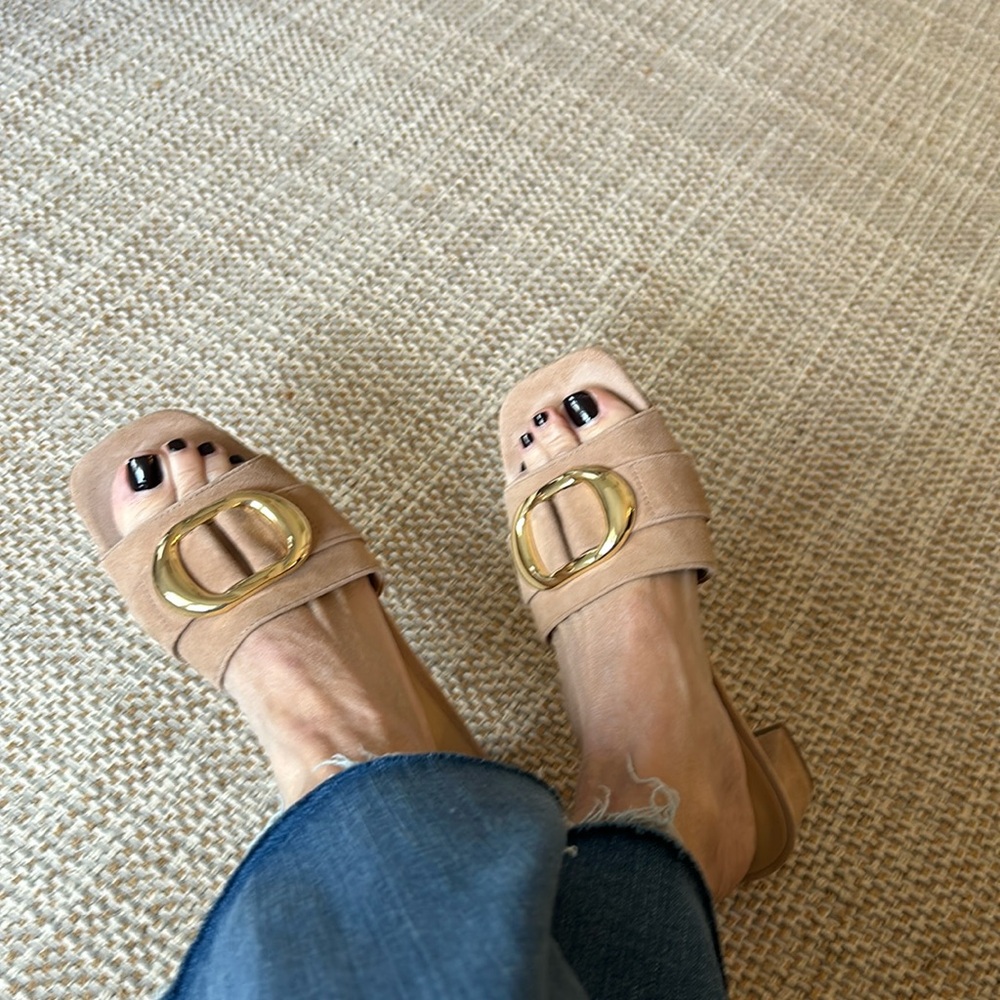 Ann Taylor Tan Sandals with Gold Buckle